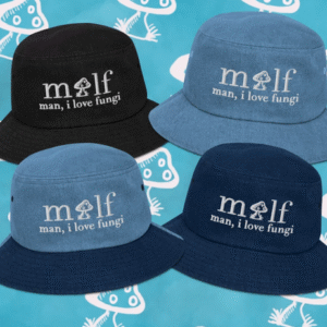 milf denim embroidered bucket hat | man, i love fungi sun hat