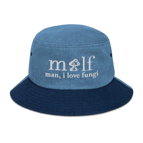 milf denim embroidered bucket hat | man, i love fungi sun hat