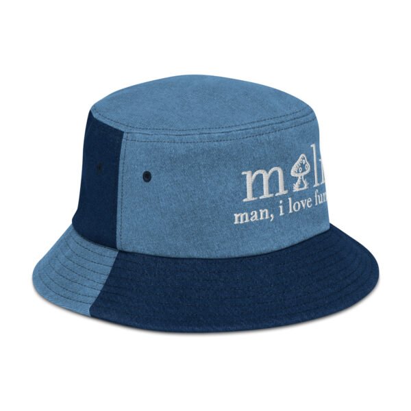 milf denim embroidered bucket hat | man, i love fungi sun hat